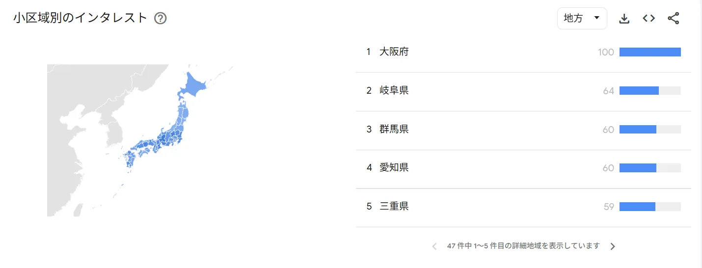 Maziiの地域別インタレスト（Googleトレンド）
